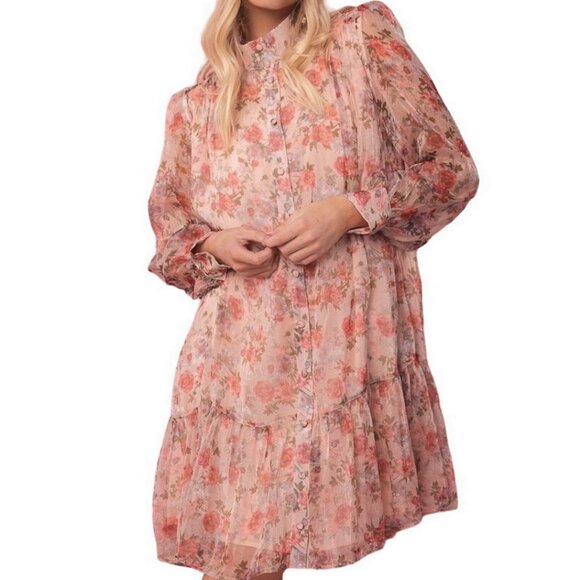 Ivy City Co Dresses & Skirts - Ivy City Co. Eleanor Pink Sheer Floral Ruffle Knee Length Mini Dress Women's M